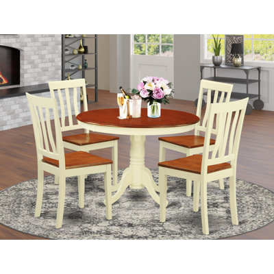 5 Piece Modern Dining Table Set Includes a Round Wooden Table with Pedestal and 4 Dining Room Chairs, Buttermilk & Cherry