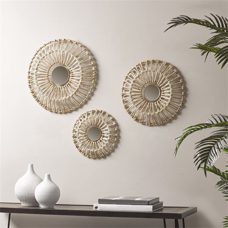 Gold Corn Husk Wrapped Round Decorative Mirror Set