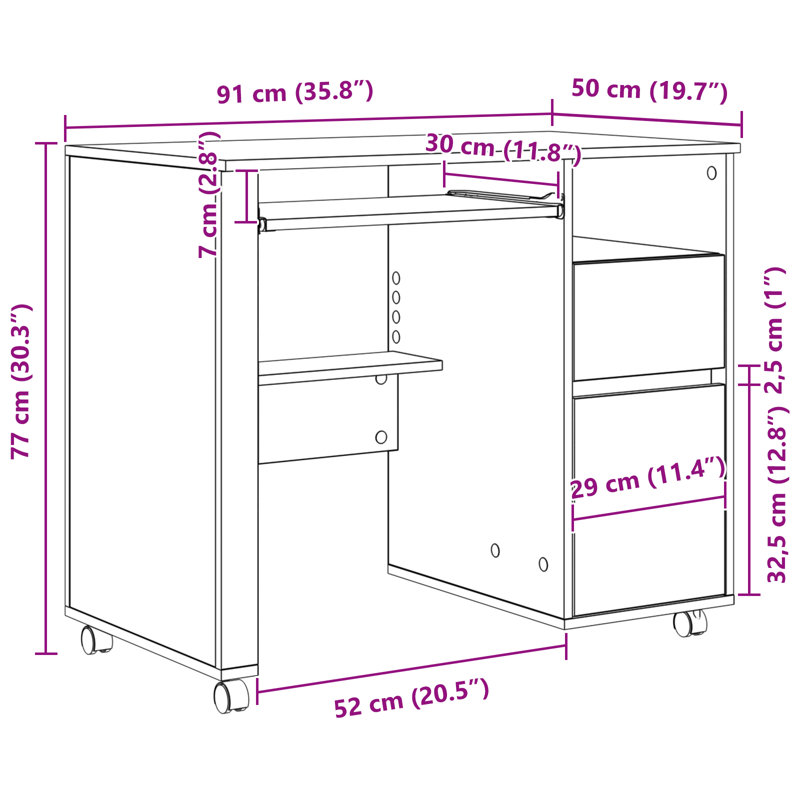 Computer Desk Engineered Wood Compact Drawers, White