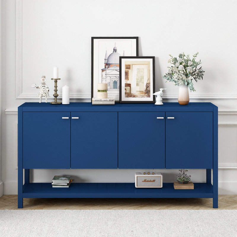 Console fonctionnelle U-Style bleu marine avec rangement à 4 portes et tablette inférieure - conception américaine, L 59,6 po