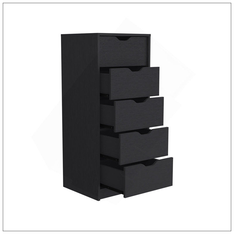 Commode Kamran, cinq tiroirs étroits, finition wengé noir, Noir
