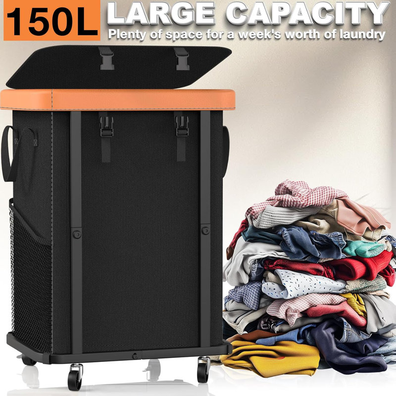 150L (40 Gal) Large Fashion Laundry Basket with Wheels Leather Patchwork Rolling Hamper Carts Sturdy Metal Frame Removable Washable Bag Black