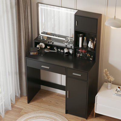 Black Dressing Table With Adjustable Led Mirror, 3 Lighting Modes, Large Drawer, Level Storage, Particle Board, Easy Setup, Quick Clean Mirror And Lighting, Brightness, Assembly,