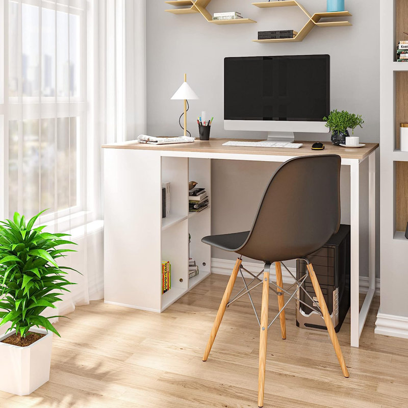 Metal Base Writing Desk, White, Light Oak