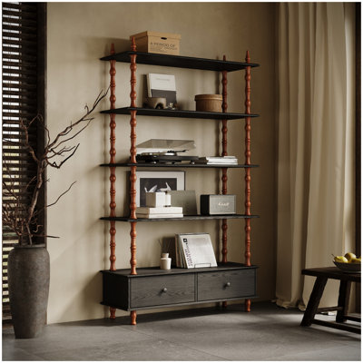 Bibliothèque avec bibliothèque et bibliothèque en bois de 74,4 pouces de hauteur, étagères et tiroirs de rangement noirs à 5 niveaux, tablettes modernes autoportantes en placage de bois massif, salon, salle d'étude, cuisine