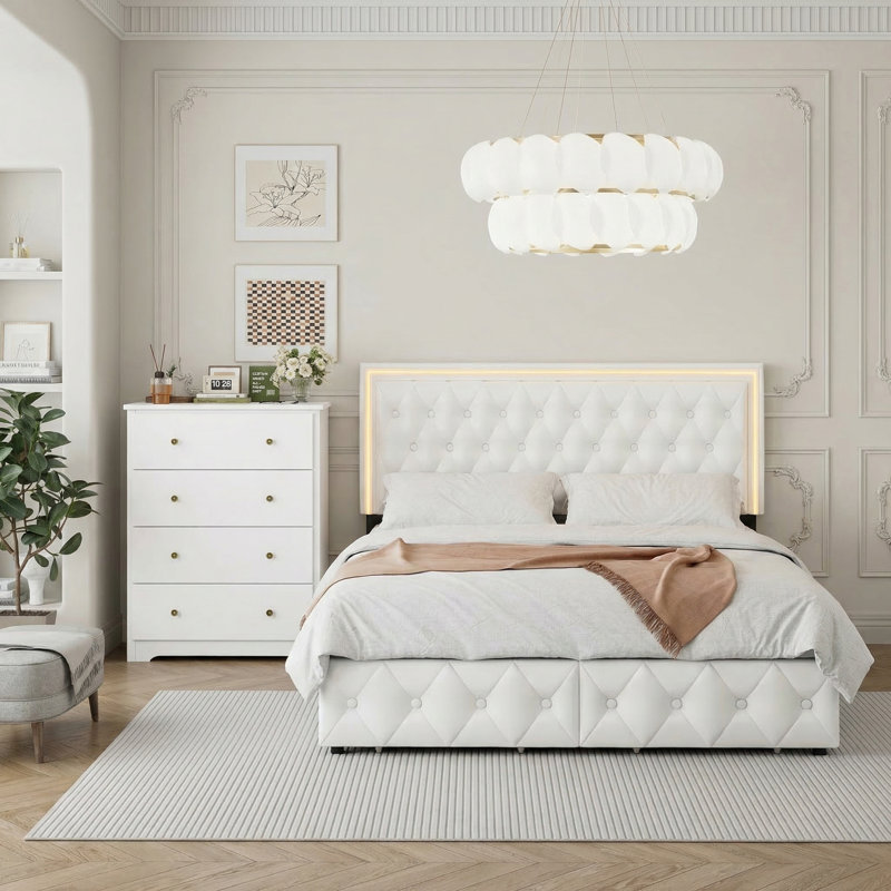 Ensemble de chambre à coucher 2 pièces, lit plateforme avec rangement, commode à 4 tiroirs et commode à 4 tiroirs, Grand