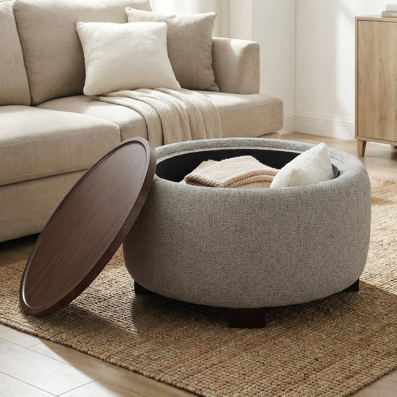 Upholstered Round Storage Ottoman with Wooden Tray, Brown