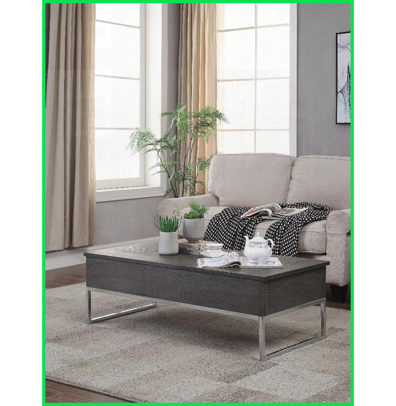 Table basse à plateau relevable en chêne gris avec base chromée - 2 compartiments de rangement cachés pour le salon