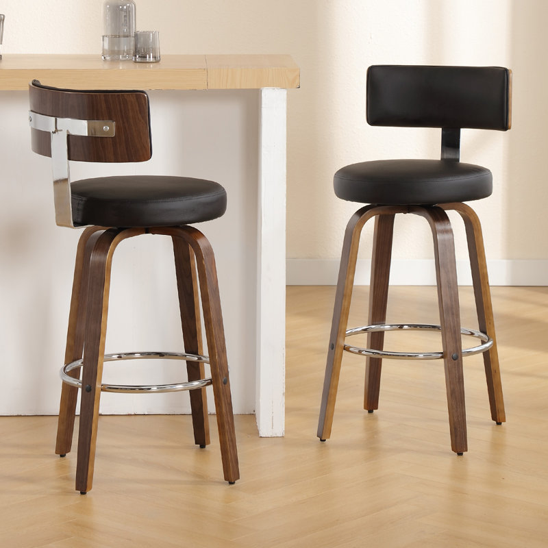 Sonja Swivel Upholstered Counter Stool, Bar Stool (29" Seat Height), Black Seat/ Brown Frame