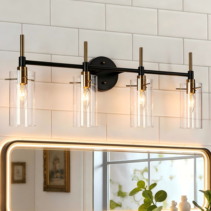  Éclairage pour meuble-lavabo moderne en verre transparent à 4 lumières à intensité variable, 4 lumières, Noir mat / Or