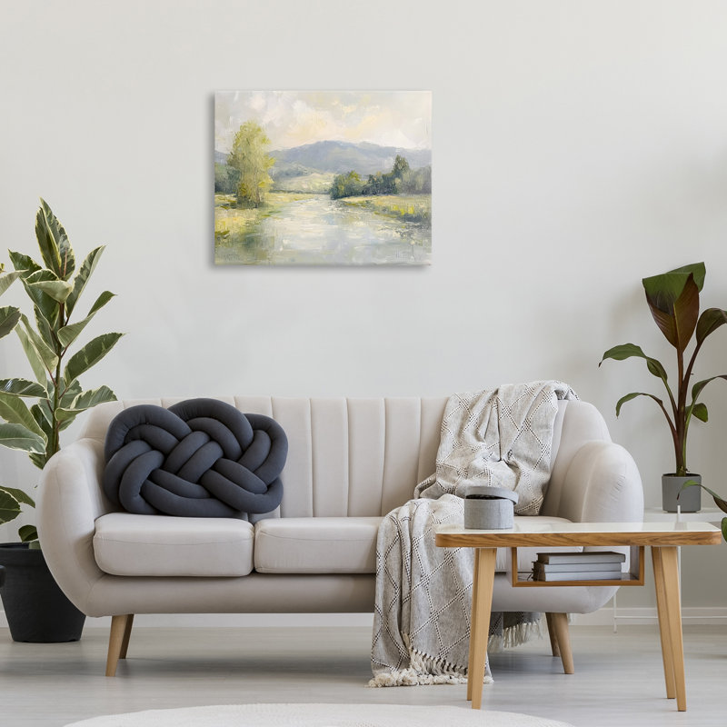 Toile abstraite de scène de rivière et de montagne, design par Petal Prints Design, H 24 po x l 30 po