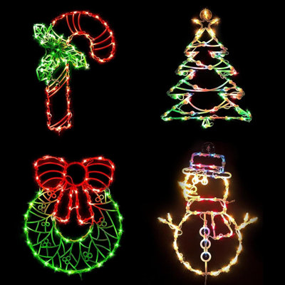 Décoration de fenêtre de Noël illuminée, paquet de 4 lumières de fenêtre de Noël enfichables de 16 po pour décorations murales d'intérieur de Noël (canne et couronne et arbre de Noël et bonhomme de neige)