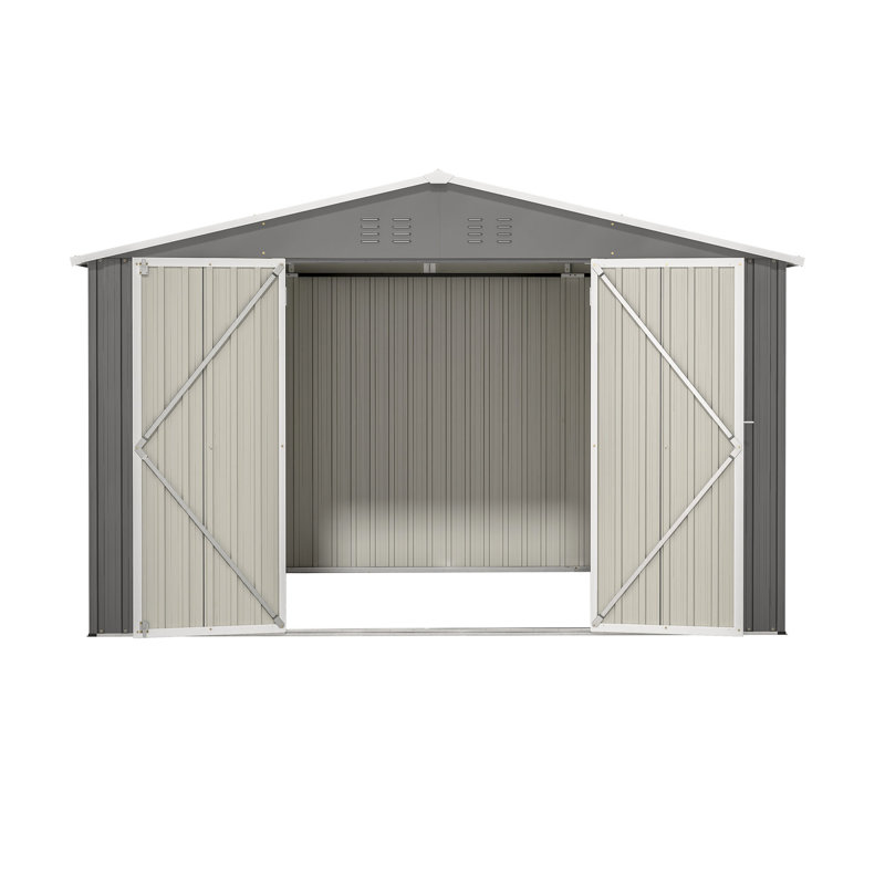 10x8 Ft Outdoor Grey Metal Shed - Lockable Doors, All Weather Perfect For Garden, Patio, Backyard, Lawn 10x8 Shed, Secure Doors Good Storage