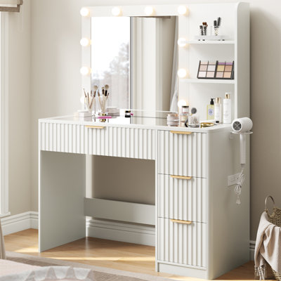 Dulane 36" Makeup Vanity With Charging Station, 4 Drawers, 3 Shelves and Glass Top