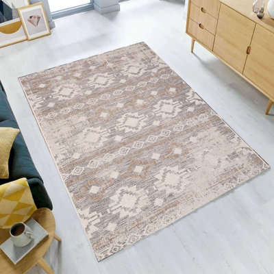 Tapis rayé ivoire et sable intérieur / extérieur Carnival 5 pi x 8 pi