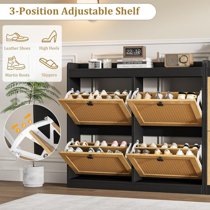 Rattan Shoe Cabinet with 4 Flip Drawers, Adjustable Shelves Shoe Organizer for Entryway & Hallway, Black/Natural