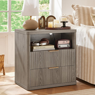 Fluted Nightstand with Charging Station, 23" Wide 2 Drawers Night Stand, End Table with Open Storage,Farmhouse Bed Side Tables, Wood Dresser for Bedroom, Living Room, Closet