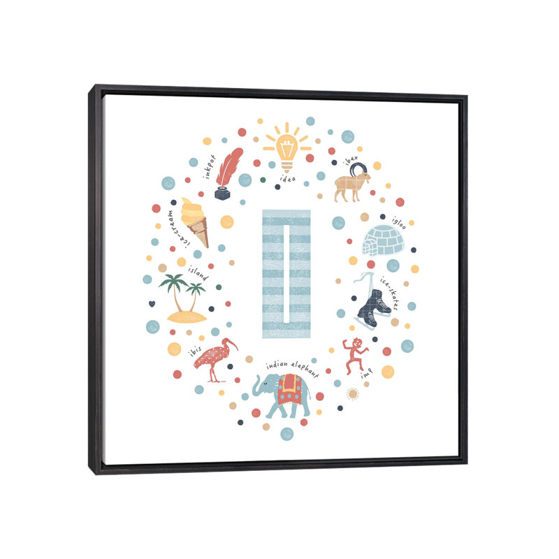 Lettre illustrée I bleue - impression, Toile avec cadre noir patiné, Pas de tapis, H 18 po x l 18 po x 1,5 po
