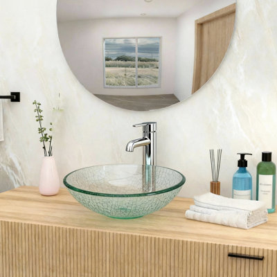 Artistic Clear Tempered Glass Vessel Bathroom Sink, Pop - Up Drain, Unique Ice Crackle Design, Smooth Finish, Versatile For Home Settings Easy To Assemble, Ideal Different Areas