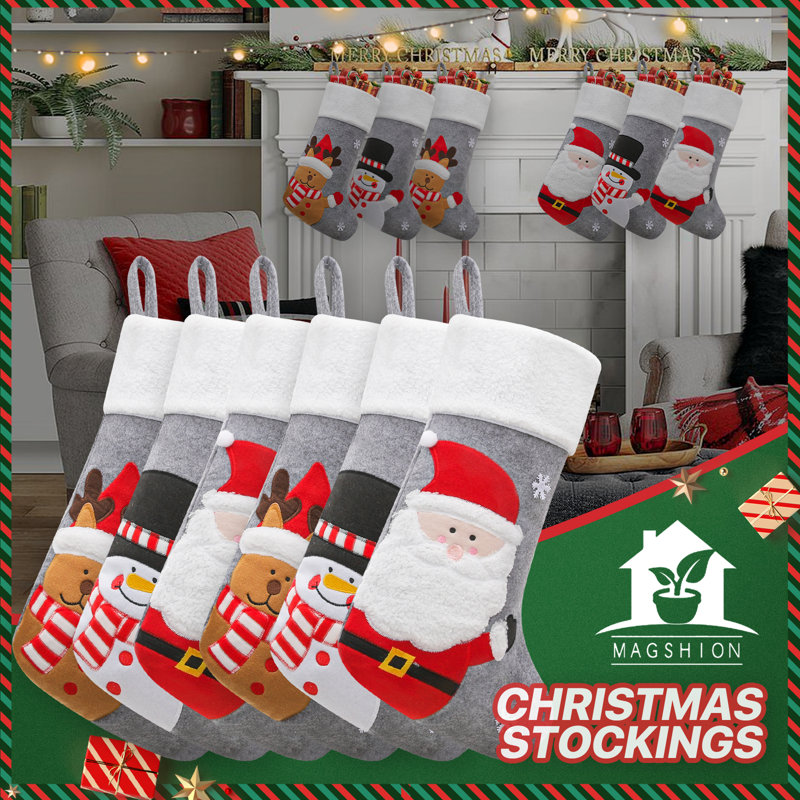 Gray and White Non-Woven Christmas Stockings with Embroidery, 15'' Set of 6
