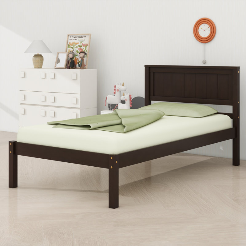 Lit plateforme minimaliste en bois avec tête de lit et sommier à lattes, sans sommier tapissier., Twin, Espresso