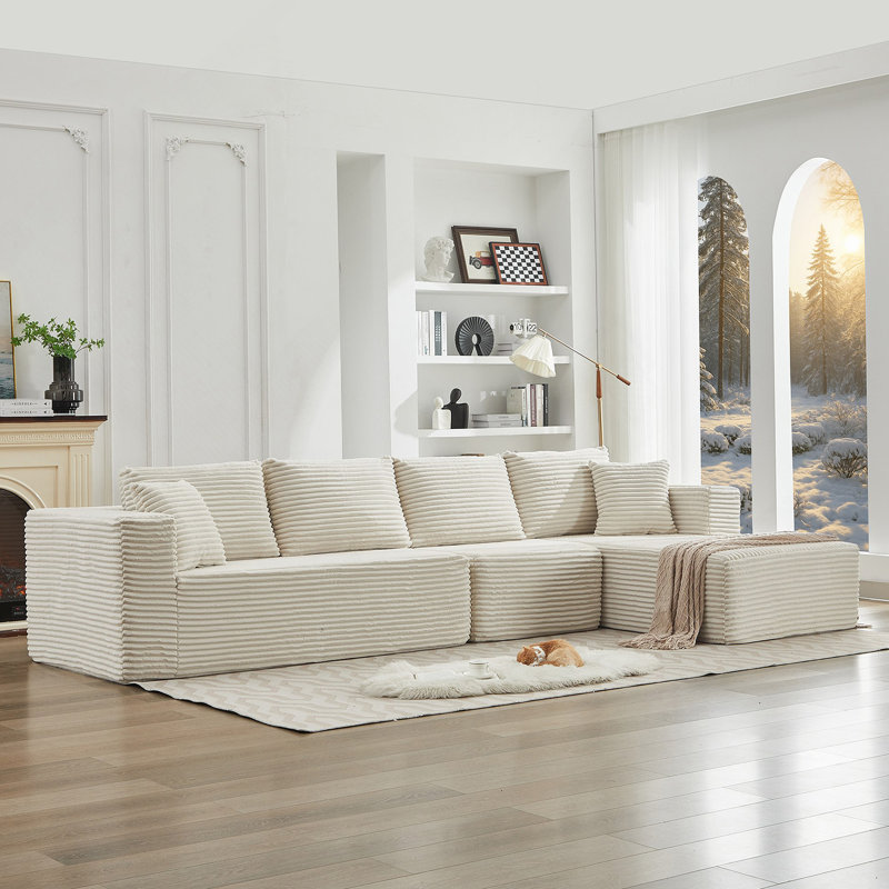 Canapé modulaire en L de 106 po en L avec méridienne orientée vers la droite (siège simple non inclus), canapé modulaire moderne à assise profonde pour le salon, aucun assemblage requis, beige (tissu en velours côtelé moelleux)