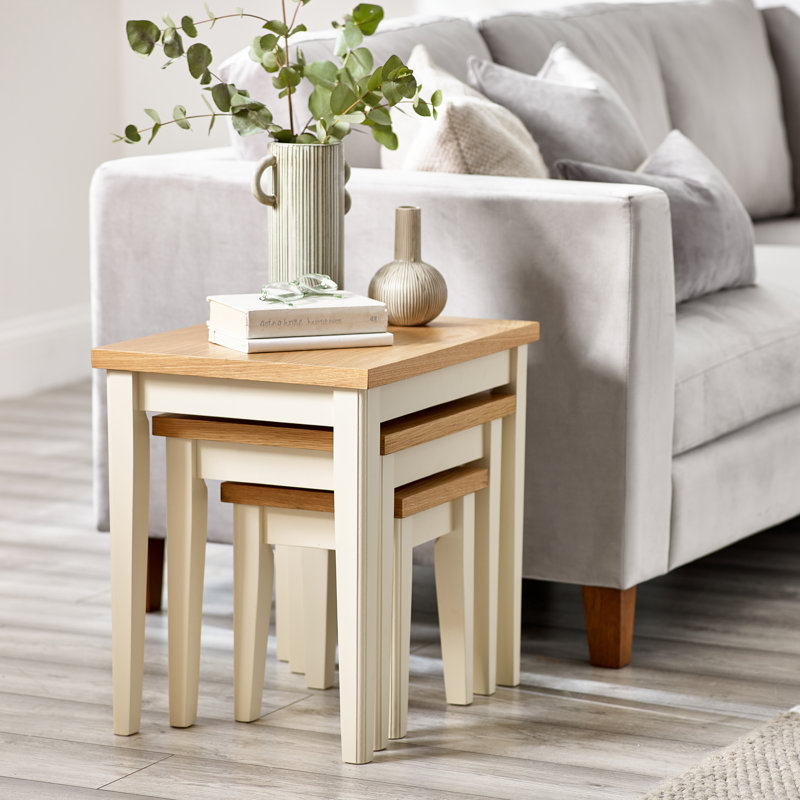 Sodhi Solid Wood 3 Piece Living Room Table Set - Traditional Farmhouse Cottage Nesting Tables, Oak Cream