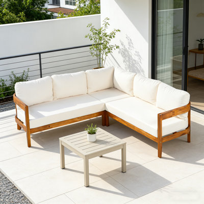 Acacia Solid Wood Outdoor Patio Furniture Set With 6 Soft Cushions & Backpack, All-Weather Arc Frame Patio Sofa For Backyard & Garden