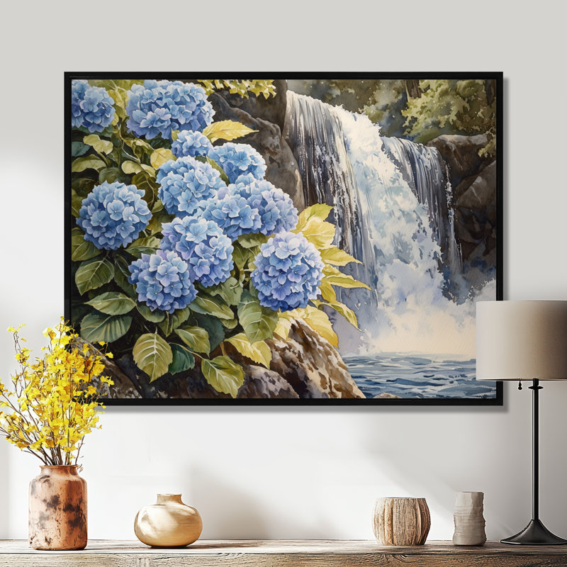 Jaber Hydrangeas By The Waterfall I - Hydrangea Wall Art for Living Room, Noir, noir, noir, noir, H 12 po x l 20 po