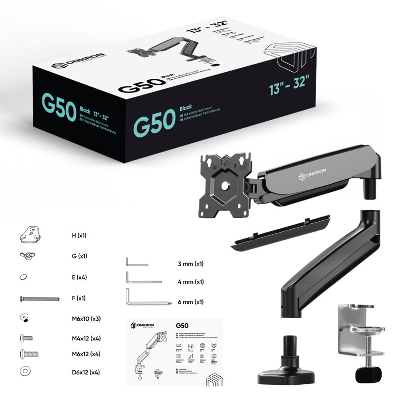 Black Full-Motion Gas Spring Monitor Desk Mount with Riser