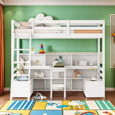 Twin Loft Bed With Storage Shelves, Drawers, Seat And Desk