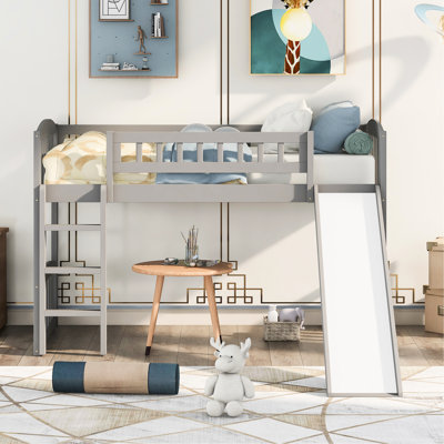 Lit mezzanine simple gris avec glissade et - pour les maisons à espace limité, lecture sous le lit, construction solide, configuration élégante en 20 minutes, mélange de décor de chambre à coucher, 14 lattes de soutien, convient au matelas standard