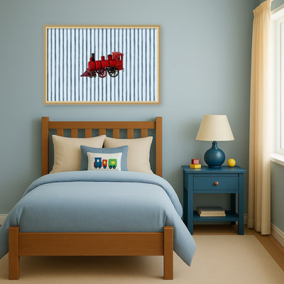«Red Steam Train Blue Stripes» par Wild Violets, reproduction d'art sur toile encadrée