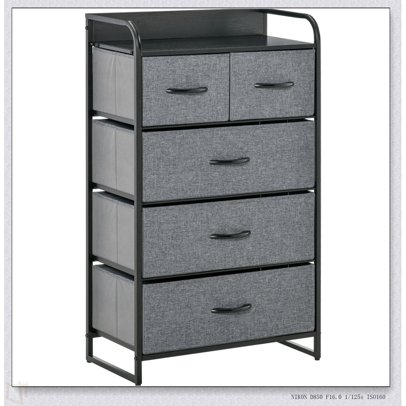 Commode à 5 tiroirs, commode en tissu, rangement à 4 niveaux pour vestibule de chambre à coucher, unité de tour avec plateau en bois
