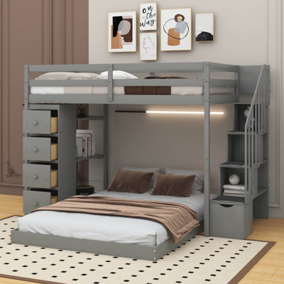 Ilektra Twin Over Full Bunk Bed with 3-layer Shelves, Drawers and Storage Stairs -  Harriet Bee, B208F11D68D54093B7A718E135DC06FA