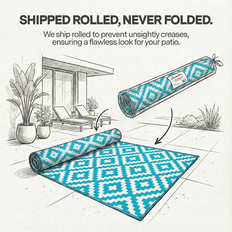 Izna Outdoor Rug Recycled Plastic Straw Waterproof Patio, Rectangle 6' x 9',  Aztec - Teal/White