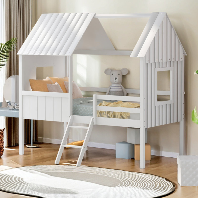 Lit mezzanine simple en bois avec deux fenêtres latérales, Blanc