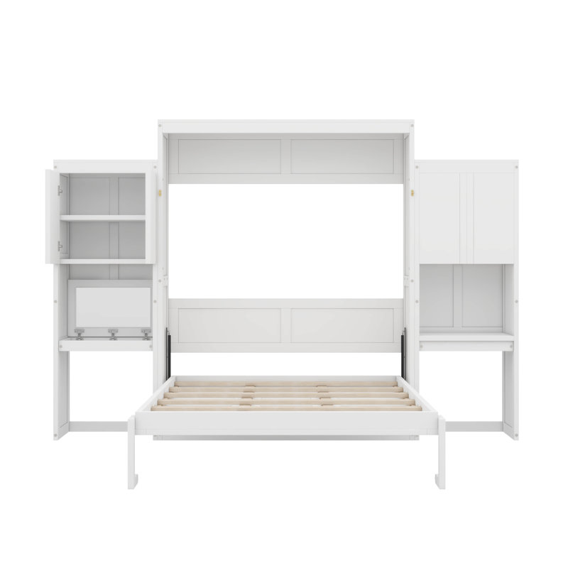 Grand lit escamotable avec bureau, coiffeuse et armoires, Blanc