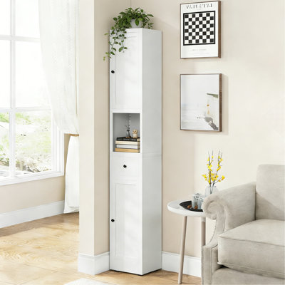 Armoire de rangement pour salle de bain de 71 pouces de hauteur, armoire étroite en métal à 5 niveaux avec 2 portes et tablettes réglables, armoire autoportante pour économiser de l'espace dans la cuisine, la salle de lavage, le garde-manger, blanc