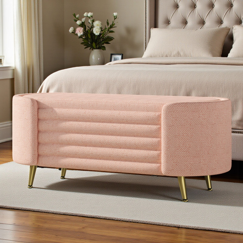 Curved Upholstered Storage Bench – Gold Metal Legs, Modern Oval Design, Pink