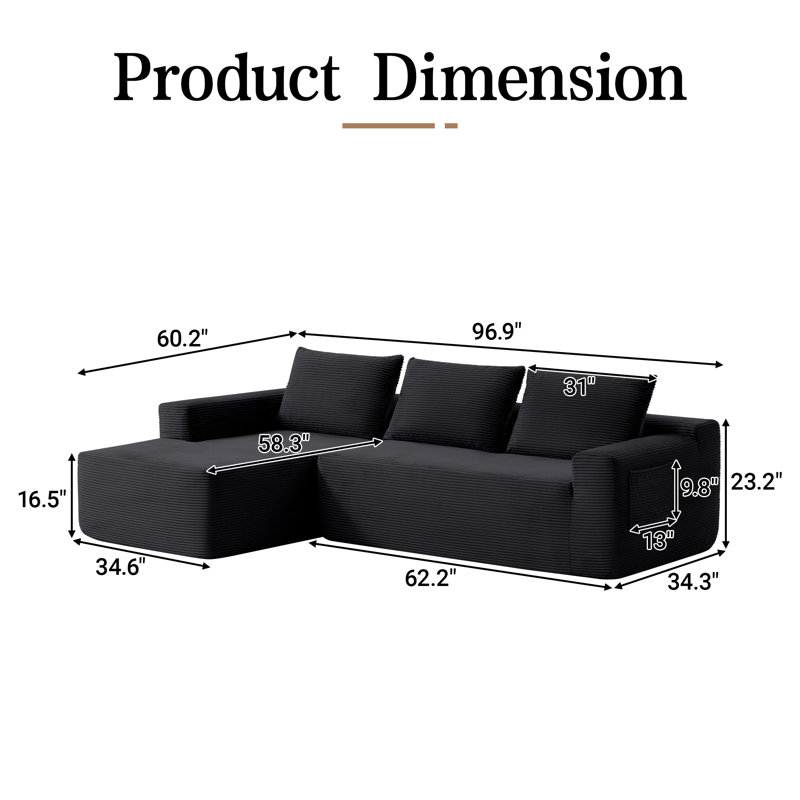 Canapé modulaire en forme de L surdimensionné en velours côtelé de 96,9 po avec poches latérales, sans assemblage requis