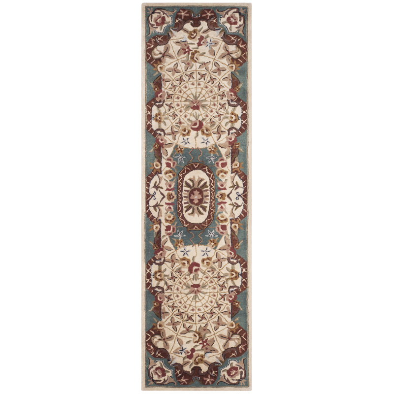 Tapis ivoire / bleu clair en laine touffeté à la main Amina, Tapis de couloir 2 pi 3 po x 8 pi