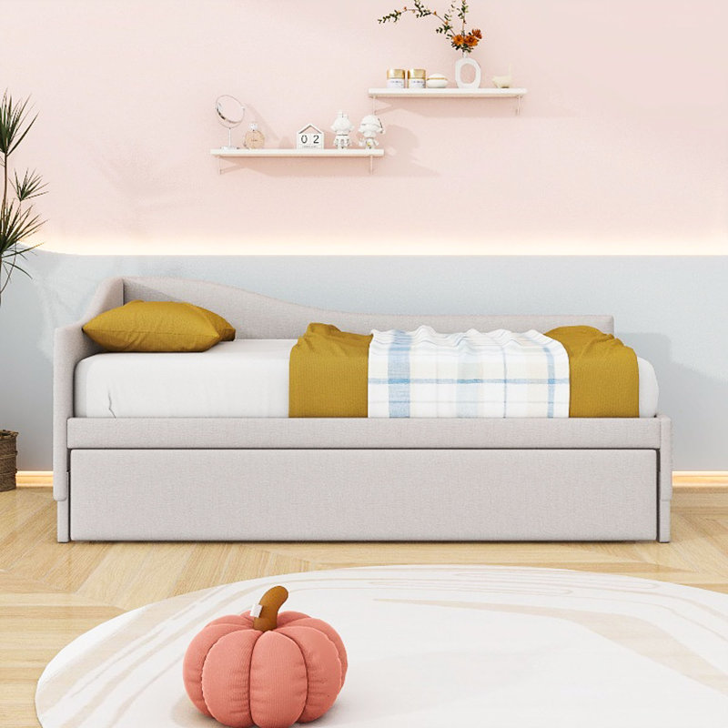 Twin Upholstered Daybed with Pop Up Trundle, Beige