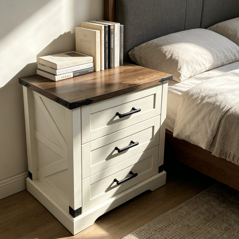Table de chevet 3 tiroirs Modern Farmhouse avec station de charge intégrée