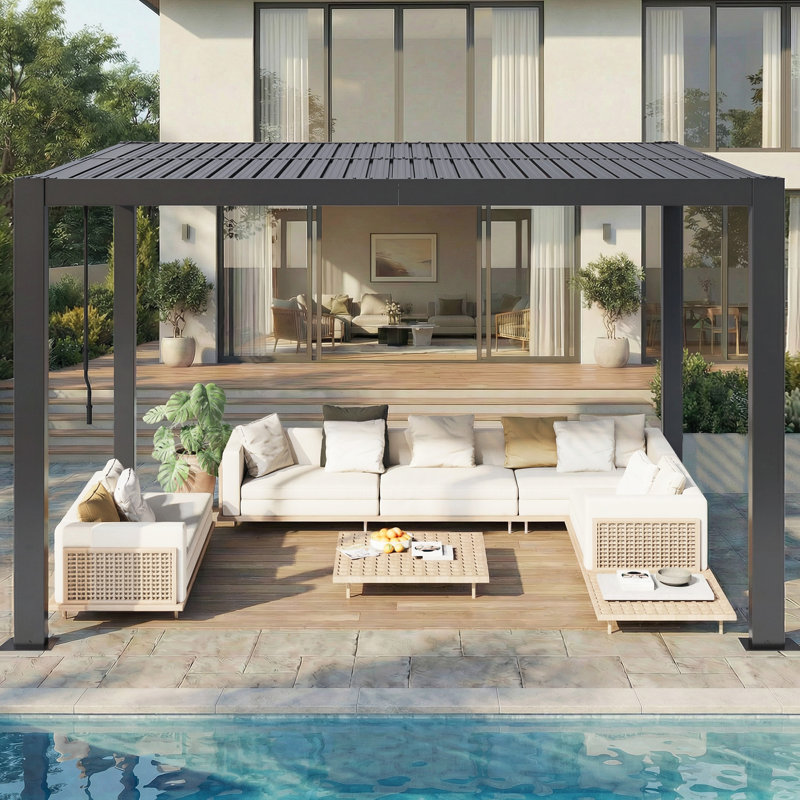  Erommy 10' x 12' Outdoor Pergola with Adjustable Louvered Roof & Integrated Drainage, Heavy-Duty Metal Louvered Pergola without Curtains for Patios, Dark Gray