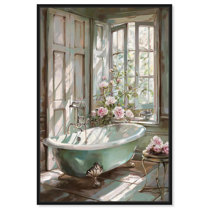 «Spring Bliss Bathroom Canvas Farmhouse» par Art Remedy, H 16 po x l 11 po, Cadre noir