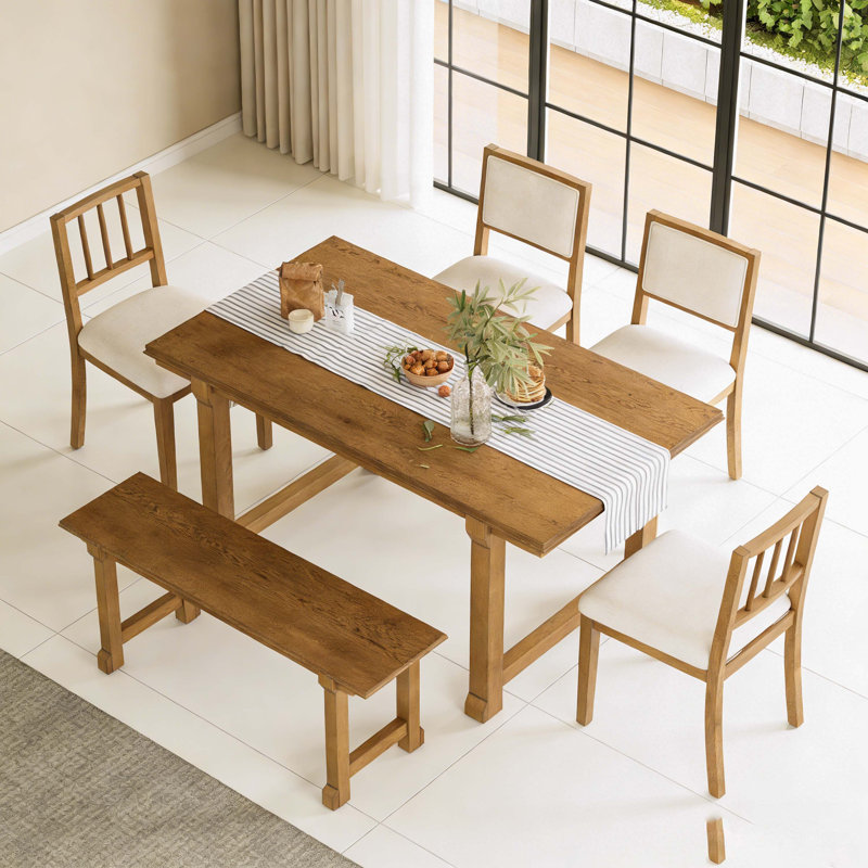 6-Piece Farmhouse Dining Set for 6, Kitchen & Dining Room Sets with Solid Wood Legs and Frame, Ergonomic Dual-Style Chairs, Ideal for Kitchen & Dining Room (Beige )