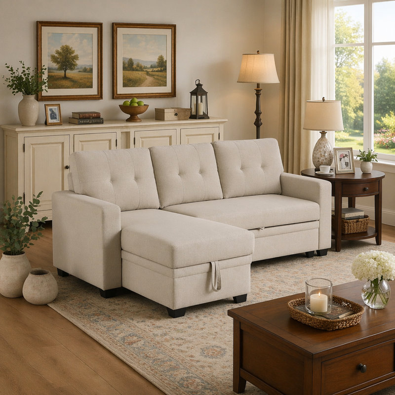81.9" Square Arm Sofa Bed  Upholstered Pull out Sectional Sofa with Chaise, Beige Cotton Blend