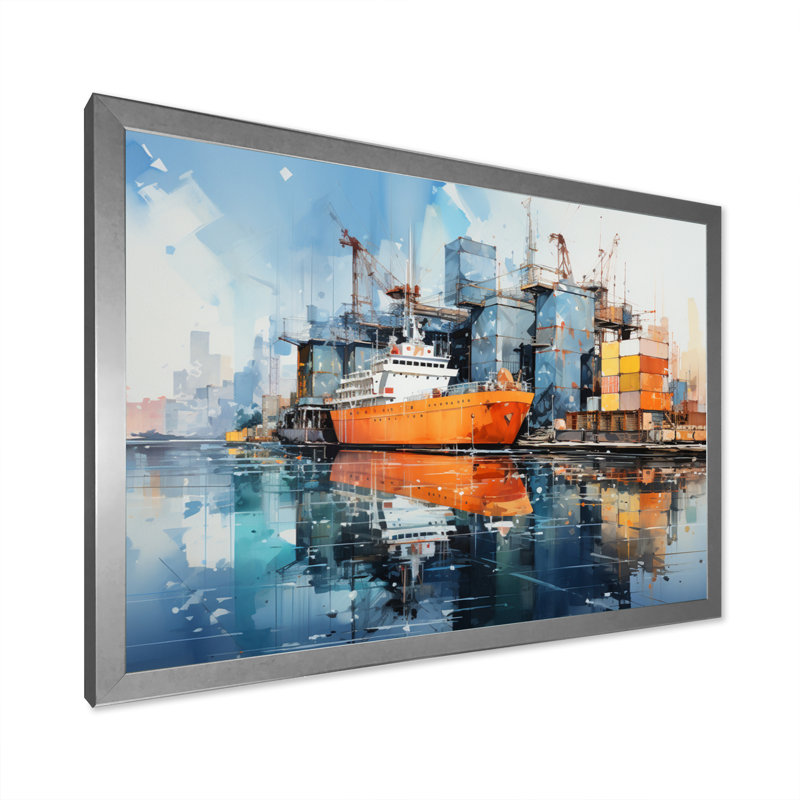 Port Industrial Reflections - Nautical & Beach Wall Art Prints, Cadre photo gris, H 34 po x l 44 po x P 1,5 po