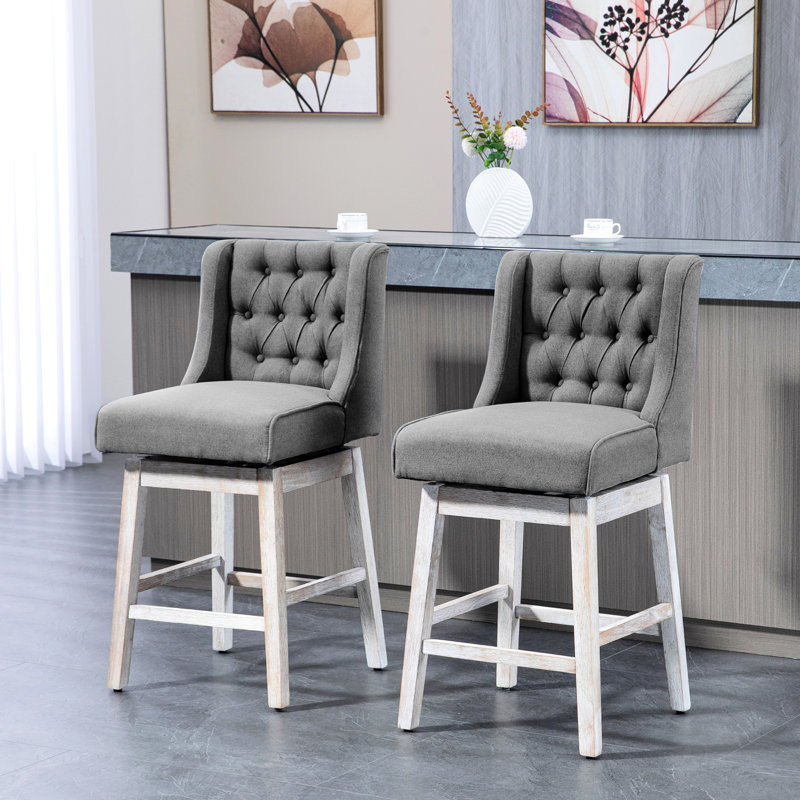 2 Counter Height Treasures, 180 Degree Swivel, 27" Seat Height, Solid Wood Footrest, Button , Grey 2 , Swivel Seat, High, With Footrest & Feature